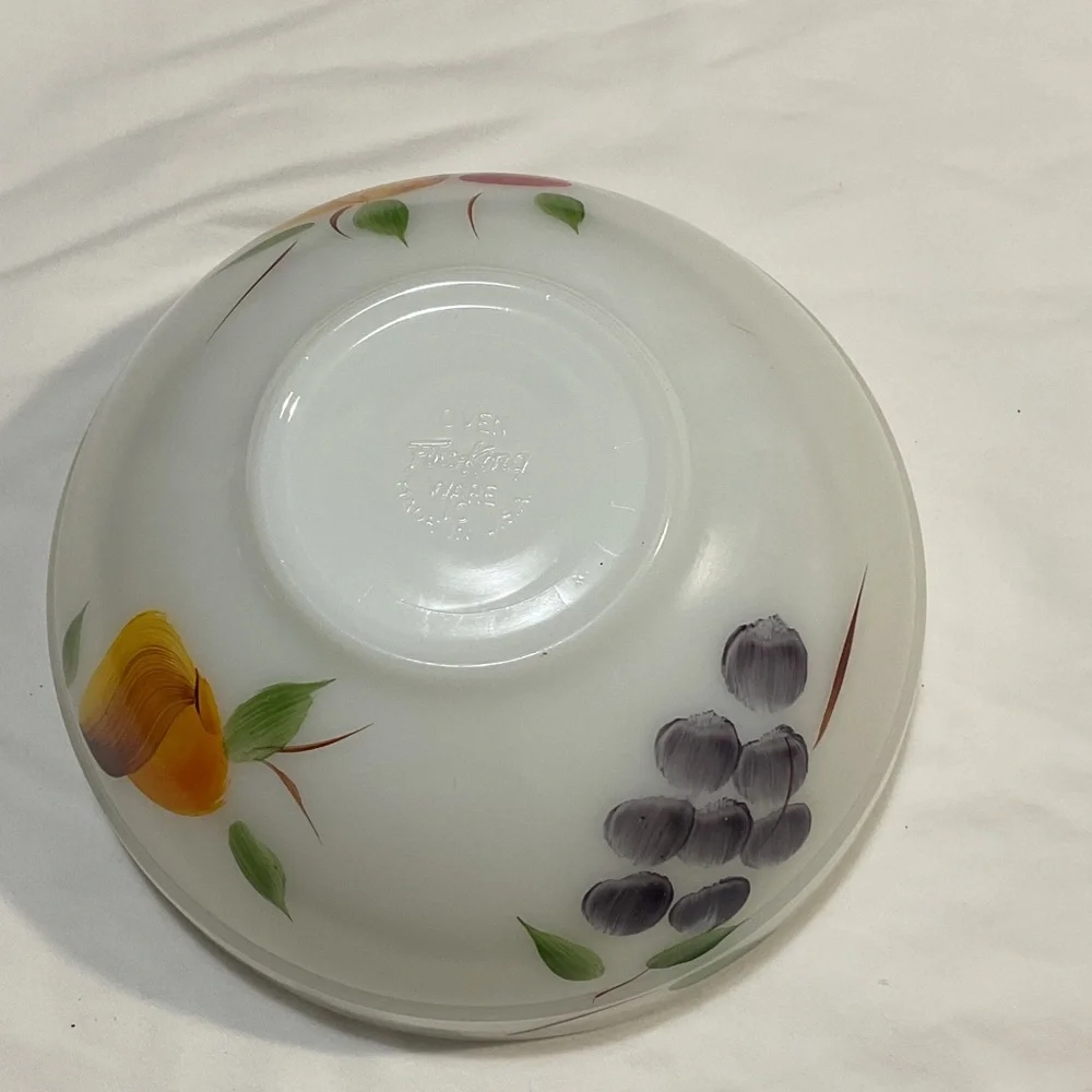 Fire King White Milk Glass Bowl with Orange, Pink and Green Fruit Motif